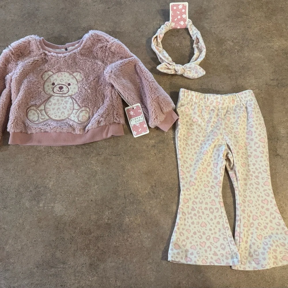 btween Pink Teddy Bear Cozy Fleece 2 Piece Animal print Set w/ Headband,Size 12M